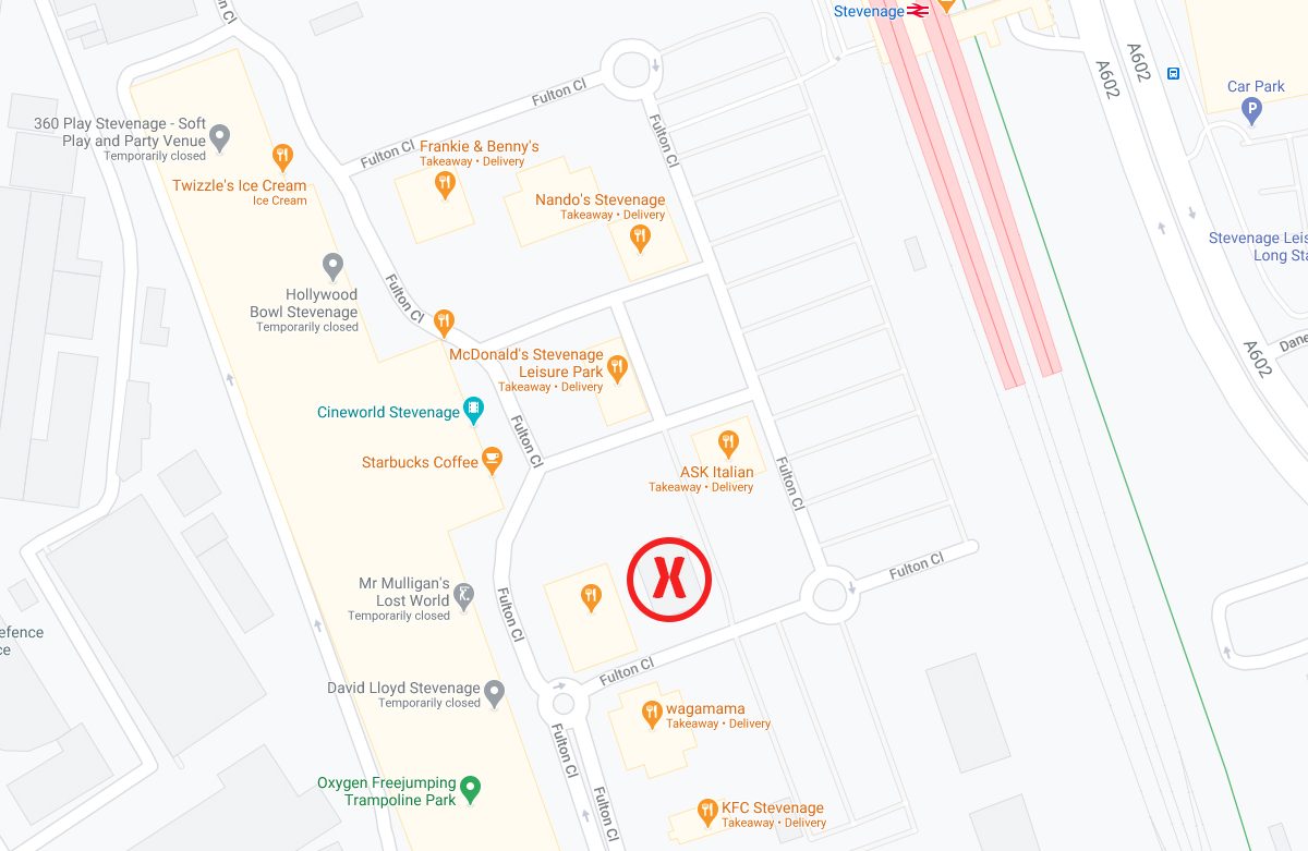 Google Treasure Map highlighting a empty unit perfect for a Five Guys in Stevenage